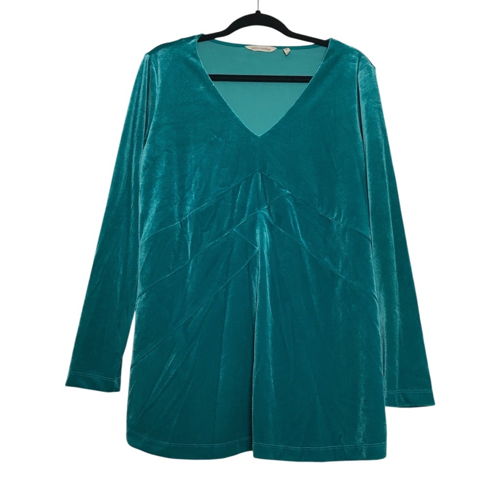 Soft Surroundings Fairy Grunge Teal Velvet Sweater Womens Size M V-Neck Boho